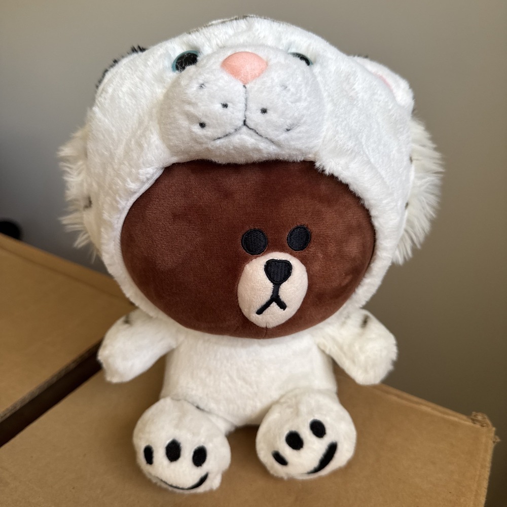 Line Friends‎ Brown Bear In Cat White Tiger Costume Stuffed Animal 9" Plush Soft